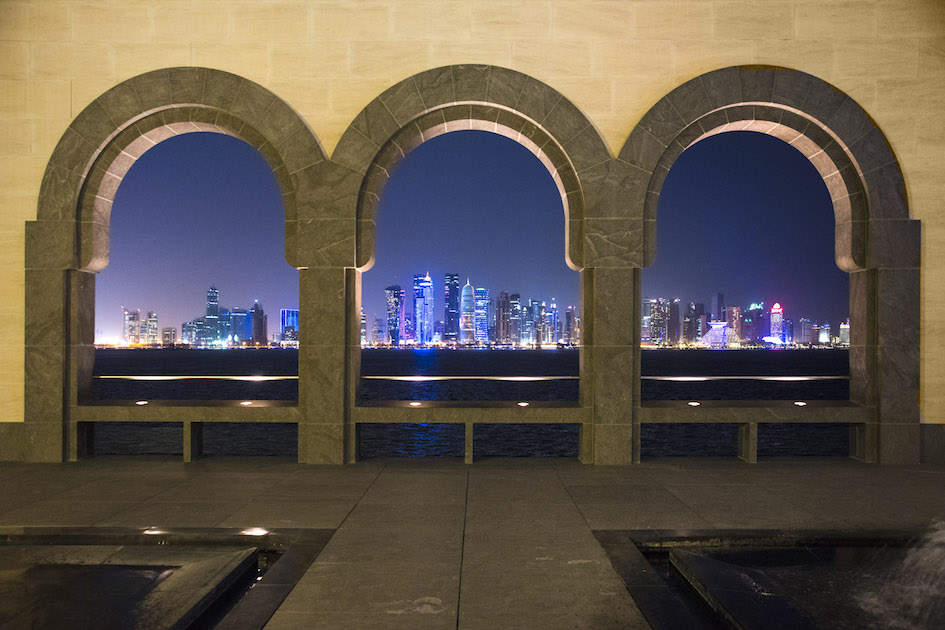 Doha’s skyline seen through the Museum of Islamic Art, Doha